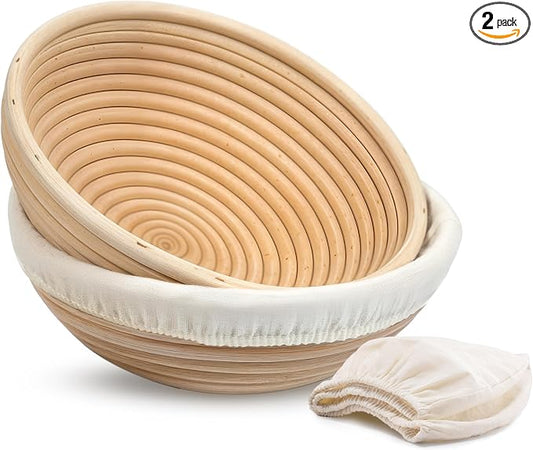 Kook Banneton Bread Proofing Baskets, Artisan Sourdough Bread Making Baskets, 9 Inch Handwoven Rattan Baskets and Cloth Liners, Set of 2, Round
