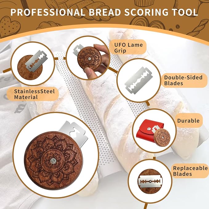 Artisan UFO Bread Lame Cutter for Sourdough Bread Makers, Premium Wooden Sourdough Scoring Tool with CNC Engraved Design, 5 Bread Knife Blades & PU Storage Case for Homemake Lovers Gifts