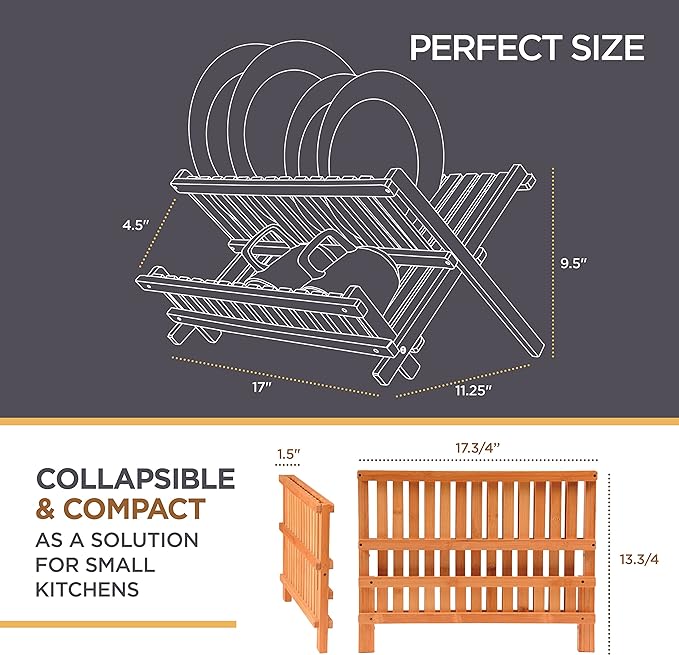 Bambüsi Collapsible Dish Drying Rack - 2 Tier Bamboo Dish Rack Dish Drainer for Kitchen Counter, Foldable Wooden Drying Rack for Plates Cups Bowls Utensils, No Assembly Folding Rack for Apartment, RV