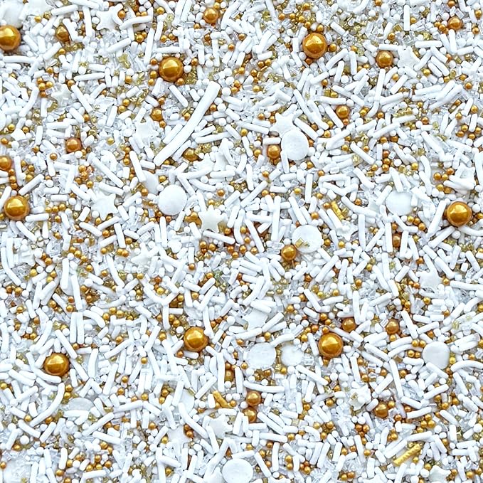 Fancy Sprinkles Gold Digger Sprinkle Mix | Gold & White Jimmies, Candy Pearls & Stars | Cake, Cupcake & Cookie Decorating | Wedding, Bridal Shower & New Year's | 2 Pack (0.5c)