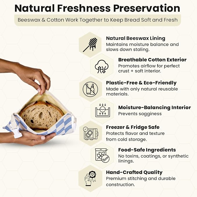 3-Pack Premium Reusable Beeswax Bread Bags (XL, M, S) - Organic Cotton Beeswax Bread Storage Bag for Homemade Bread & Sourdough Freezer-Safe, Breathable & Freshness Support - Eco-Friendly Bread Bag