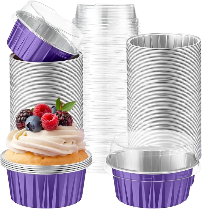 200 Pack Aluminum Foil Cupcake Liners with Lids, 5 oz Round Baking Cup, Disposable Ramekin Container for Graduation Wedding Independence Day Party(Purple,Plain)