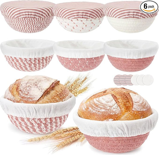 6 Set 5.5 Inch Mini Banneton Bread Proofing Basket Natural Cotton Rope Proofing Bowls Kit with Cloth Liner Small Sourdough Bread Baking Supplies for Home Baking (Nude Pink)