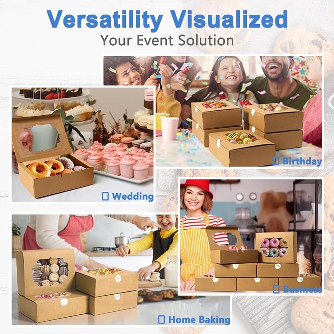 50 Pcs Bakery Boxes 8-In with Windows, Cookie Boxes Brown for Chocolate Covered Strawberries, Treats, Donuts, Cupcakes, and Candy Gift Giving 8x6x2.5 Inch