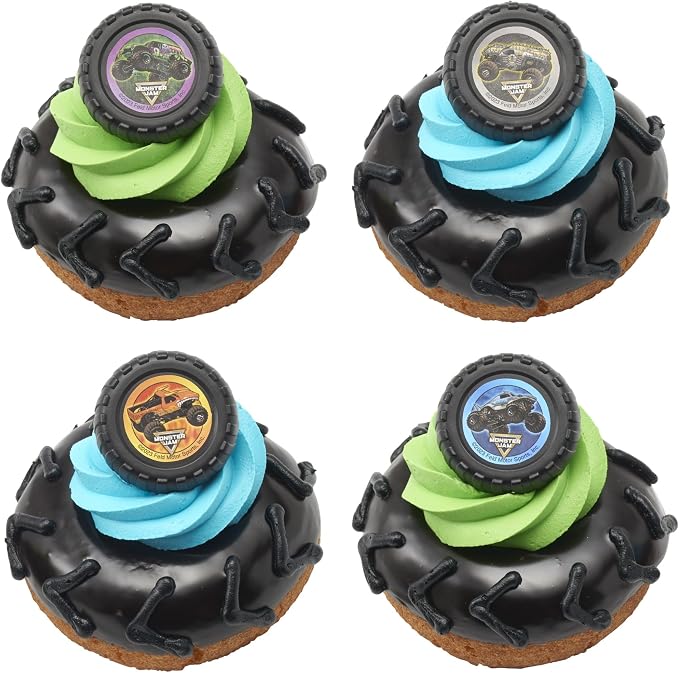 Monster Jam Rings, 24 Monster Truck Cupcake Toppers, Bright Colorful Truck Tire Cupcake Decorations, Food Safe - 24 Pack