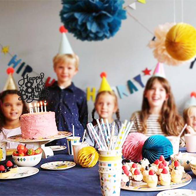 1 Pack Happy 8th Birthday Cake Topper Black Glitter 8th Birthday Cheers to 8 Years Old Birthday Cake Pick for Celebrating Birthday Anniversary Party Cake Decorations Supplies