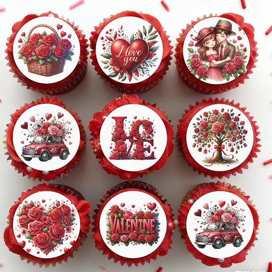 36PCS Edible Valentine’s Day Cupcake Toppers Wafer Paper Sweet Love Be Mine Kiss Me Cupcake Picks Valentine’s Cake Decor for Valentine's Day Theme Wedding Party Supplies