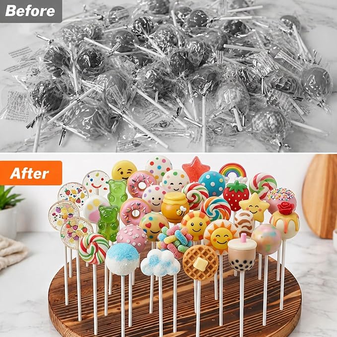 Revolving Cake Pop Holder with 100 Sticks, 97-Hole Wood Lollipop Holder with Rotatable Base, Lollipop Table Display Stand, Round Cake Pop Drying Stand, for Wedding Birthday Holiday Parties Decor