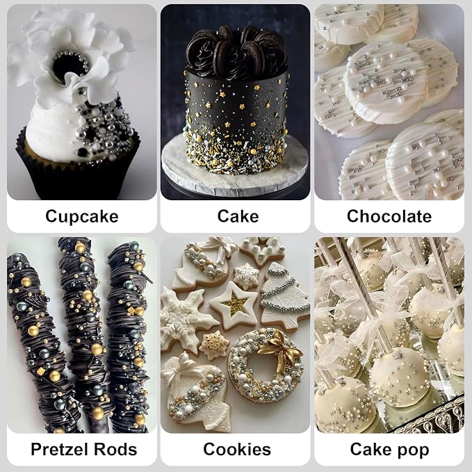 HUEBEATY 6-in-1 Edible Cake Pearl Sprinkles – Black Gold Silver White Sprinkles for Cake Decorating, Cupcakes, Cookies & Ice Cream | 6.36oz/180g | Wedding, Birthday, Graduation, New Year, Valentines Decorations