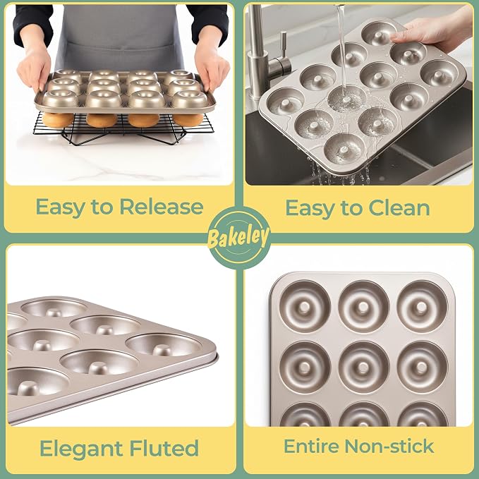 Donut Pan, 12-Cavity Non-Stick Dount Mold Cake Pan Pattern Doughnut Bakeware for Oven Baking (Champagne Gold)
