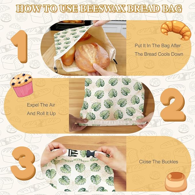 2 Pack Beeswax Bread Bags for Homemade Sourdough Bread, 17x13 Inch Reusable Linen Beeswax Bread Bag with Buckle to Keeps Bread Freshness for Food Storage(Palm Leaves)