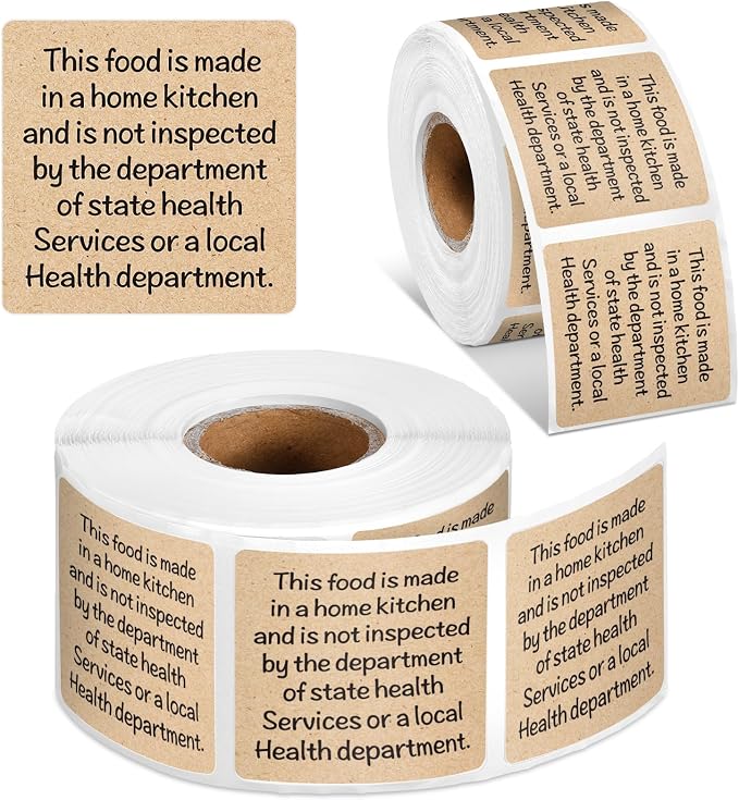 500 Count Cottage Food Law Labels Stickers Kraft Brown Home Made Stickers 1.5” Square Thermal Printed Labels for Home Kitchen Bakery Bread Sourdough