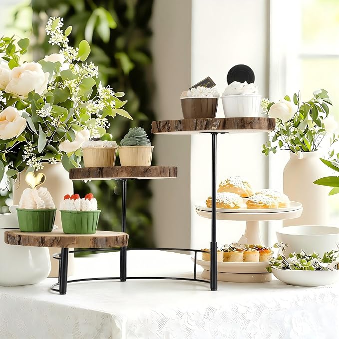 Chunful Staircase 3 Tier Round Natural Wood Cupcake Dessert Stand, Cup Cake Tower Stand Holder, Wooden Cake Display Tiered Centerpiece for Party, Birthday, Wedding, Baby Shower, Holiday Decoration