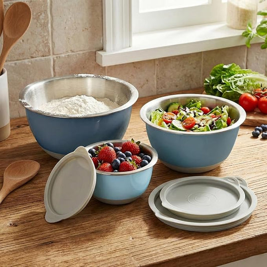 Rorence Mixing Bowls Set with Lids, 18/8 Stainless Steel Mixing Bowls with Non-Slip Silicone Base & Measurement Marks, Airtight Food Storage for Baking, Cooking & Meal Prep,1.5QT/3QT/5QT/Blue