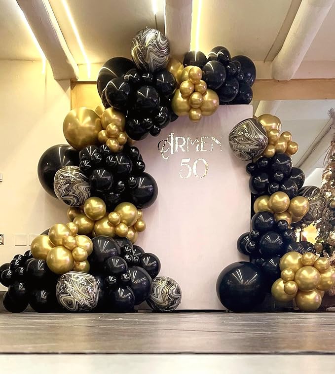 Bezente Black Gold Balloons Garland Kit, 100Pcs Black Gold Metallic Chrome and Gold Confetti Balloons Arch with Tape for New Year 2026,Wedding, Birthday,Graduation,Special Events Party Decoration