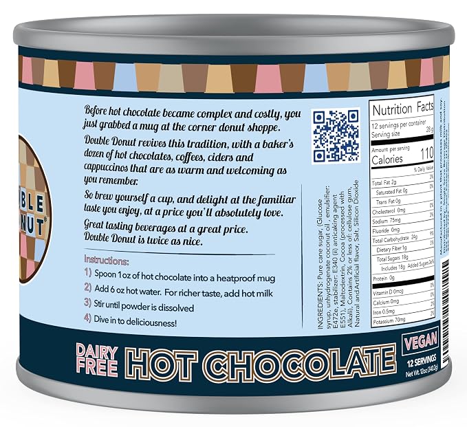Double Donut Coffee Dairy Free Hot Chocolate Mix, Non Dairy Instant Vegan Hot Chocolate Mix, 12 Ounce