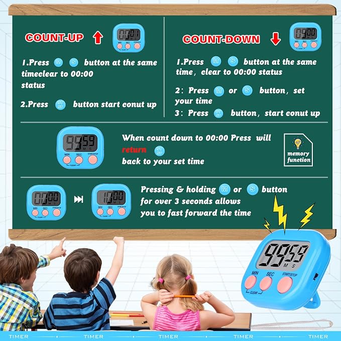 Mwellewm Digital Timers for Classroom Kitchen Timers for Cooking Small Magnetic Stopwatch Mini Countdown Loud Alarm Stop for Study Work Baking Sports Games Office(Pink, Blue, Green, Orange, 12Pcs)