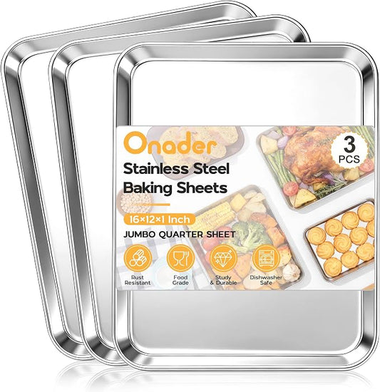 Onader Baking Sheet Set of 3, 16" x 12" Food-Grade Stainless Steel Quarter Sheet Pans for Baking, Metal Cookie Toaster Oven Pan Tray, Heavy Duty & Dishwasher Safe