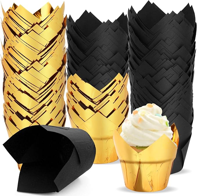 Augshy Muffin Liners, 120 Pcs Black Gold Tulip Cupcake Wrappers for Baking | Greaseproof Paper Muffin Wrappers Holders, Cake Dessert Decorations, Graduation Wedding Birthday New Year Party Supplies