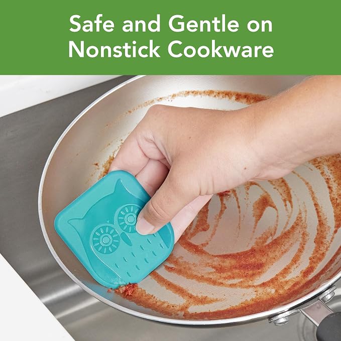 Tovolo Pan Scraper Tool Set of 3 Owl Shaped for Cleaning Scraping & Food Removal Nonstick Cookware Cast Iron Dishes, Dishwasher Safe BPA Free Sturdy Plastic Scraper Kitchen Tool, Assorted Teals