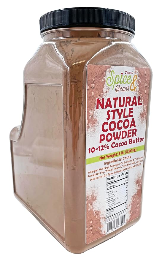 Natural Cocoa Powder 5 lb | 10–12% Cocoa Butter | Unsweetened Baking Cocoa | Bulk Resealable Container | Rich Chocolate Flavor for Cakes, Brownies, Hot Chocolate & Smoothies | Dasher’s Spice & Beans
