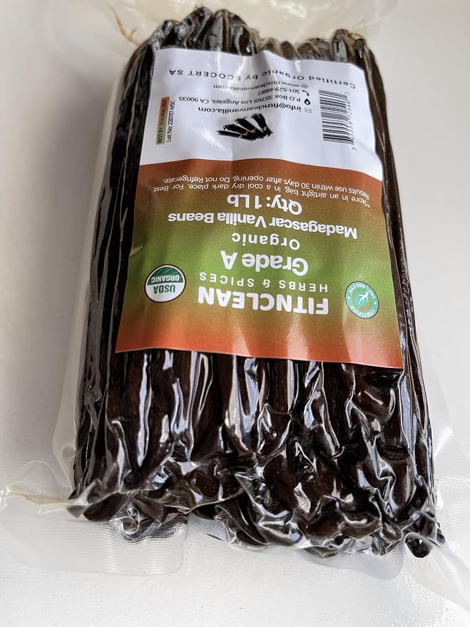 16oz Organic Vanilla Beans Grade A Madagascar Bourbon. Certified USDA Organic. Bulk 6"-8" for Extract, Baking and Cooking by FITNCLEAN VANILLA| 1 Pound (1 LB) Fresh NON-GMO Whole Gourmet Pods