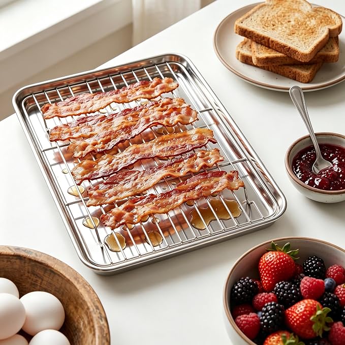 Homikit Quarter Sheet with Rack (1 Pan + 1 Rack), 9x13 Stainless Steel Baking Pan with Wire Cooling Rack for Toaster Oven Roasting, Metal Bacon Cookie Trays Nonstick & Rust Free, Dishwasher Safe