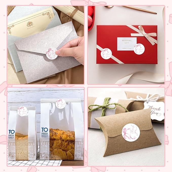 500pcs Pink Thank You Stickers, 1.5 Inch Watercolor Bowknot Thank You Labels, Self-Adhesive Small Business Stickers for Gift Packaging (Pink)