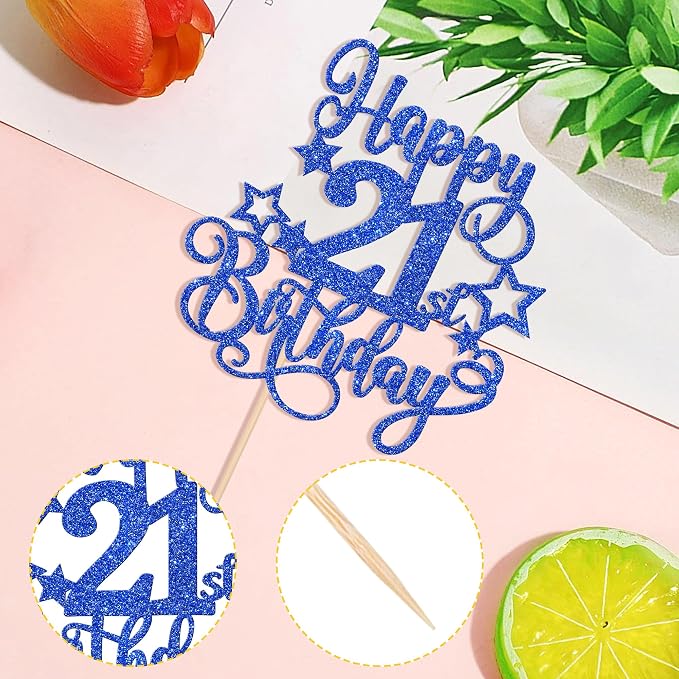 1 PCS Happy 21st Birthday Cake Topper Glitter Cheers to 21 Years Birthday Cake Pick Hello 21 Fabulous Cake Decoration for Happy 21st Birthday Anniversary Party Decorations Supplies Blue