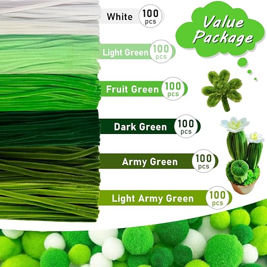 6 Color Green Pipe Cleaners Bulk with Pompoms - 900pcs Craft Kit Fluffy Fuzzy Wire and Pastel Pom Poms Chenille Stems for Arts & Crafts, Flowers School Classroom Christmas Party Supplies
