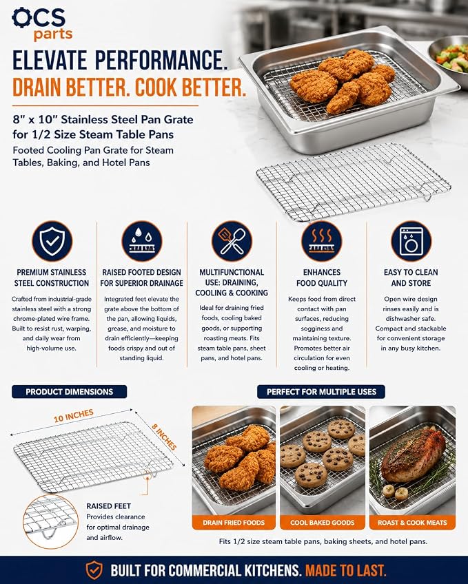 OCS Parts 8" x 10" Stainless Steel Pan Grate for 1/2 Size Steam Table Pans | Footed Cooling Pan Grate for Steam Tables, Baking, and Hotel Pans