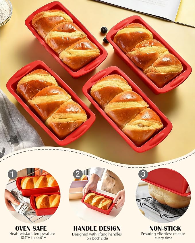 Silicone Bread Loaf Pan, Non-Stick Bread Pans for Baking,Flexible Silicone Baking Molds for Bread, Cake, Meatloaf (4PCS-Red)
