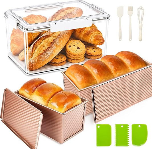 3Pack 1LB Bread Loaf Pan with Lid + Bread Storage Container, Nonstick Bread Pans with Lids for Homemade Sandwich Bread, Pullman Bread Baking Pans & Breadbox for Homemade Bread