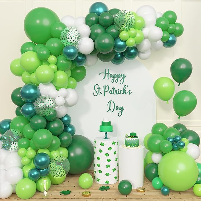 Amandir 153pcs Green Balloon Garland Arch Kit, Different Sizes 18 12 10 5 inch Dark Lime Green Latex Metallic Confetti St Patrick's Day Balloons for Safari Jungle Shower Birthday Party Decorations