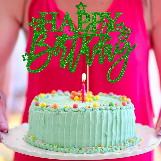 Gyufise 1Pcs Happy Birthday Cake Topper Glitter Happy Birthday Cake Pick for Celebrating Happy Birthday Anniversary Theme Party Cake Decorations Supplies Light Green