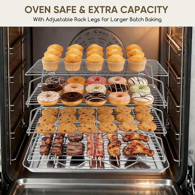 Herogo 15" x 10" Cooling Rack, 4-Tier Stainless Steel Baking Rack for Cookies, Cupcakes, and Pastries, Collapsible Space-Saving Design, Dishwasher Safe, Ideal for Baking, Roasting, and Drying