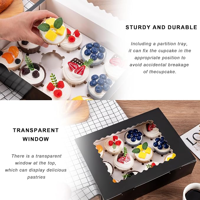 Hoewina 12PCS Cupcake Boxes - Hold 12 Count Cupcake Containers with Window, Food Grade Cupcake Holder Easy Transport and Presentation - Ideal for Cupcakes, Desserts, and More (Black)