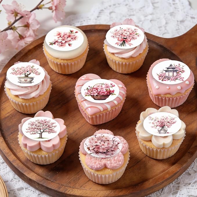 36PCS Edible Cherry Blossoms Cupcake Toppers Japan Edible Cherry Flowers Bouquet Cake Picks Wafer Paper Cherry Cupcake Decors for Cherry Theme Party Cake Supplies (Pink Cherry Blossoms)