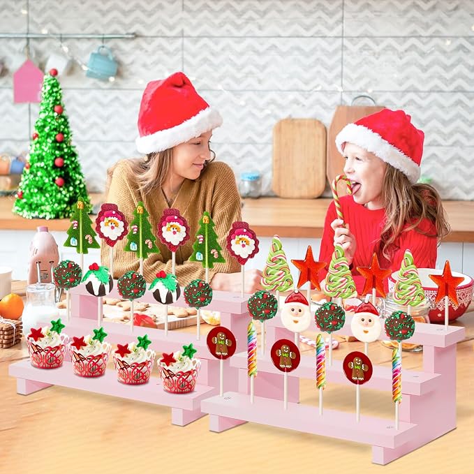 Wood Cake Pop Stands, 3 Tier Lollipop Holders with Twist Ties Lollipop Sticks, Sucker Display Riser for Dessert Table of Wedding Birthday Party (Pink-2P-17 Hole)