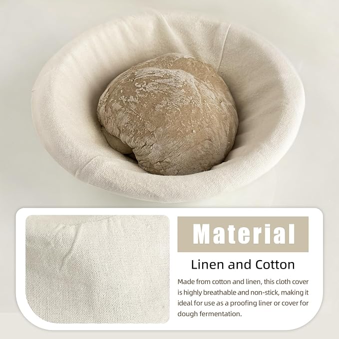 6-Pack Elastic Bread Proofing Basket Covers - Linen & Cotton Liners for 8/9/10inch Round Sourdough Bannetons, Non-Stick, Breathable Fermentation Cloth for Sourdough & Artisan Baking