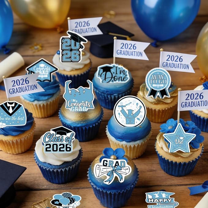 48pcs Edible 2026 Graduation Cupcake Toppers Wafer Paper Light Blue Class of 2026 Cake Decorations Edible Congrats Grad Cupcake Picks for 2026 Graduation Theme Party Cake Supplies