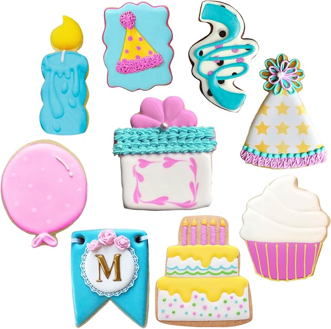 Ann Clark Birthday 9-Pc. Cookie Cutter Set, Made in USA, Birthday Hat, Cake, Cupcake, Balloon, Present, Candle, Bunting Banner, Confetti, Plaque