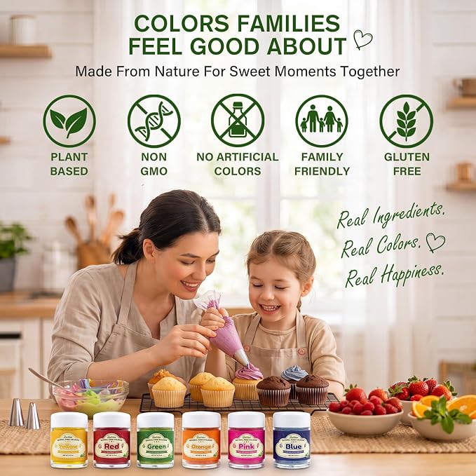 Natural Food Coloring Powder Set - 6 Colors Natural Food Coloring Powder, Free from FD&C Dyes & Artificial Colors, Naturally Derived Food Color Powder, Gluten Free, Concentrated Formula for Baking, Frosting, Icing, Cookies, Macarons & Drinks