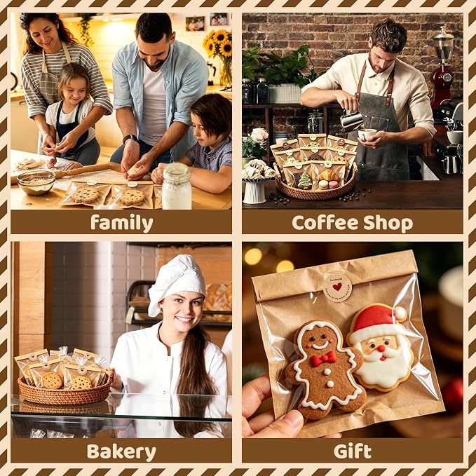 Individual Cookie Packaging Bags with Seal 120 Pack Bakery Bags for Cookies | 5.7x6.5 Inch Kraft Paper Cookie Bags with 120PCS Handmade Sticker Bakery Packaging Bags with Window for Candy Scone Brownie