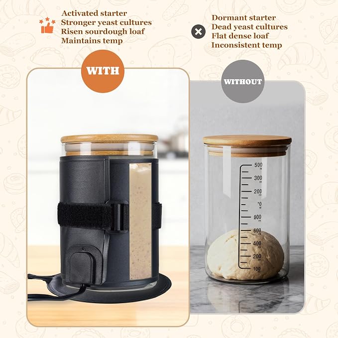 Bunmery Sourdough Starter Warmer Wrap 2 Pieces, Sourdough Starter Jar Heat Wrap, Sourdough Heating Warming Mat with Temperature Control(41-113℉) & 24H Timer, Dough Bread Warmer for Kitchen Baking