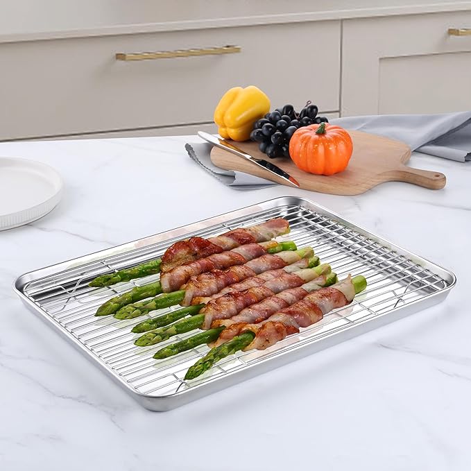 Homikit Baking Sheet with Wire Rack (1 Pan + 1 Rack), 16"x12" Stainless Steel Cookie Sheets for Baking, Metal Baking Tray Jelly Roll Pan with Cooling Rack for Oven Roasting, Nonstick & Dishwasher Safe