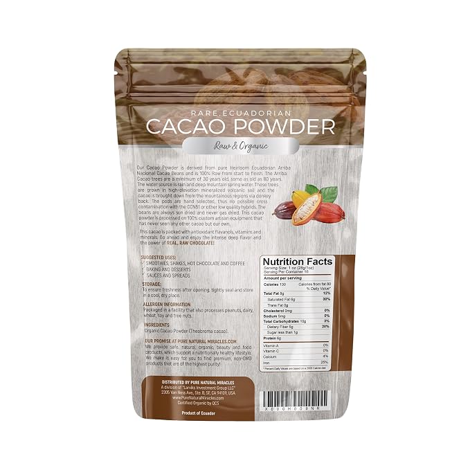 Pure Natural Miracles Cacao Powder Organic - Raw, Unsweetened, Non-Alkalized Cocoa - Ceremonial Grade, Single-Origin from Ecuador - Perfect for Hot Chocolate, Smoothies or Baking - 16 oz