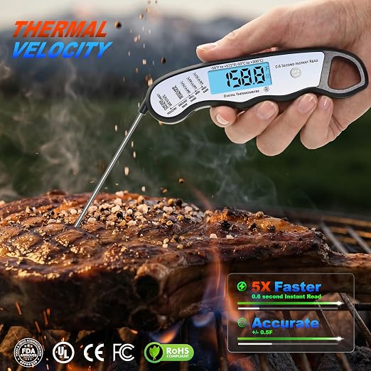 0.6S Instant Read Digital Meat Thermometer Pen for Outdoor BBQ, Grilling, Smoking, Oven Baking, Oil, Candy with Factory-Calibrated Waterproof Magnetic Backlit Flip Display, Motion Sensor.