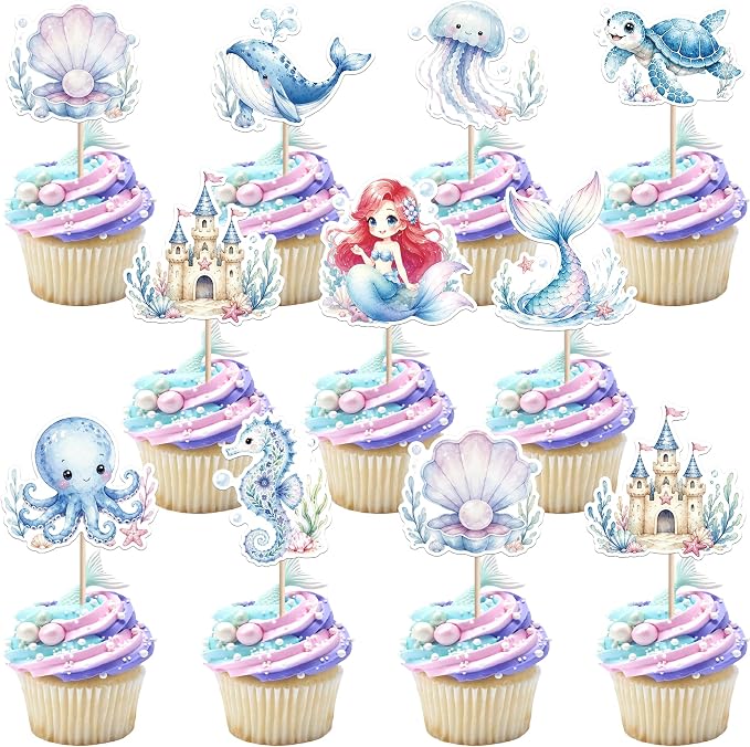 36 PCS Ocean Animal Cupcake Toppers Turtles Octopus Seahorse Seashell Mermaid Cupcake Picks Under the Sea Baby Shower Decorations for Under the Sea Theme Baby Shower Birthday Cake Decorations Supplies
