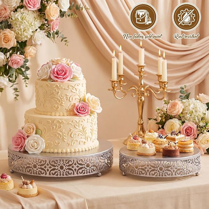 Wenqik 2 Pcs Silver Metal Cake Stand, 14" 16" Large Round Cupcake Stand Dessert Table Display Set Cake Holder for Wedding Birthday Party Bridal Shower Anniversary Table Decoration